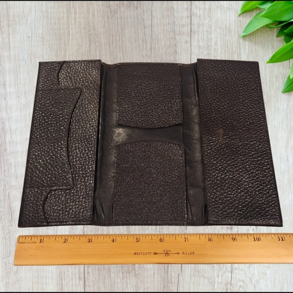 VTG Antique Pebbled Leather Stitched 3 Fold Vest Pocket Long Wallet Bill Fold 9